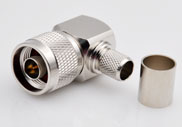 N Right Angle Male Connector Crimp for RG214 Cable, DC to 3GHz.